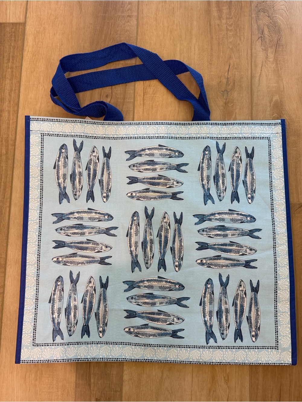 Viral sardine print reusable tote bag